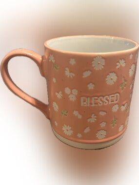 Kirklands Peach Floral 'Blessed' Ceramic Mug
